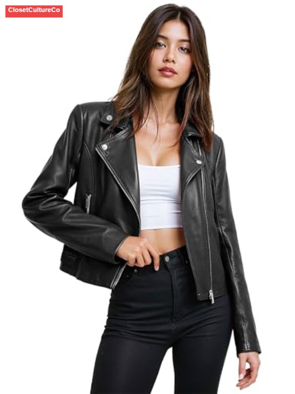 Faux Leather Moto Biker Jacket Zip Up Slim Fit Long Sleeve